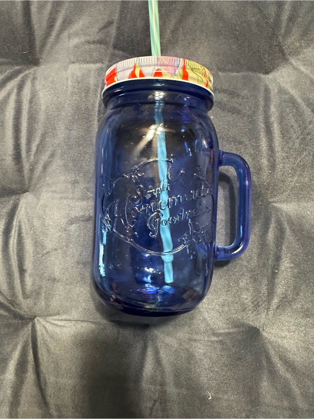 The Pioneer Woman Blue Glass Mason Jar Mug with Colorful Lid and Straw